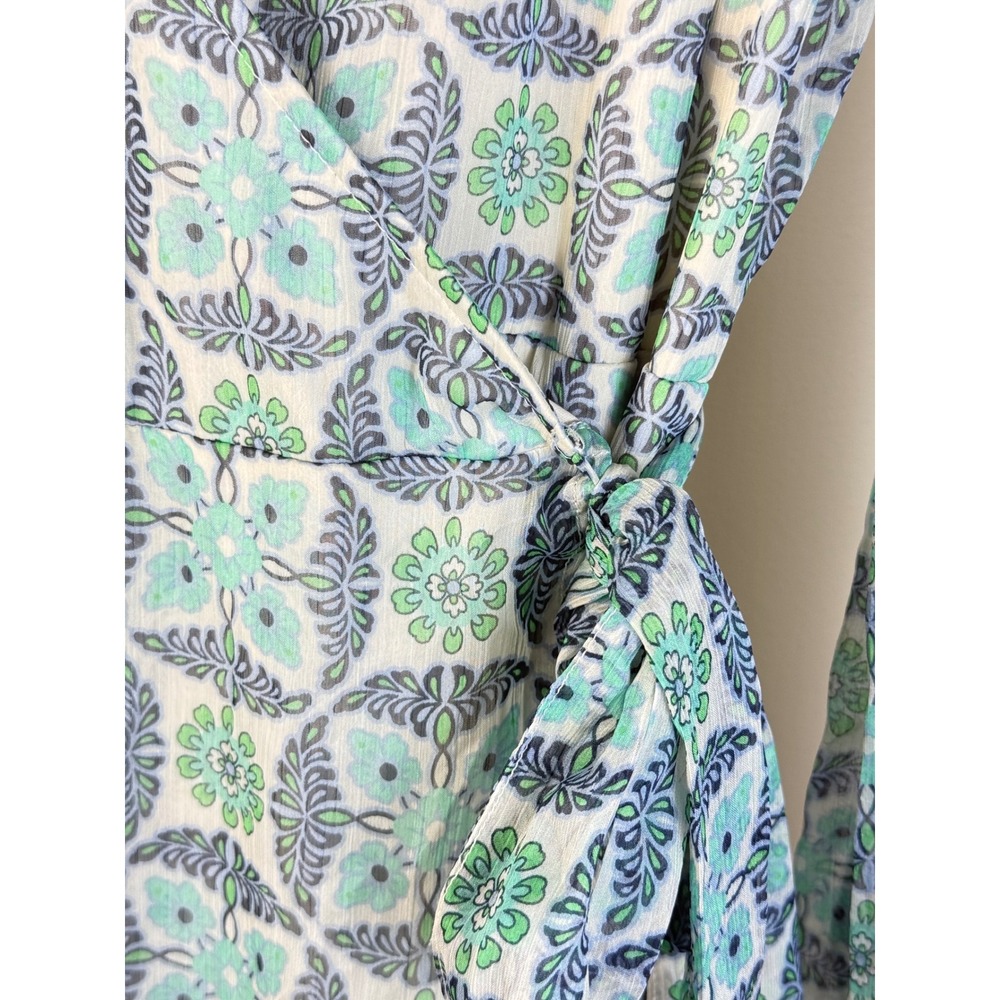Lovestitch Teal Blue Geometric Floral Print Wrap Maxi Dress Long Sleeve L Sheer - Picture 12 of 16